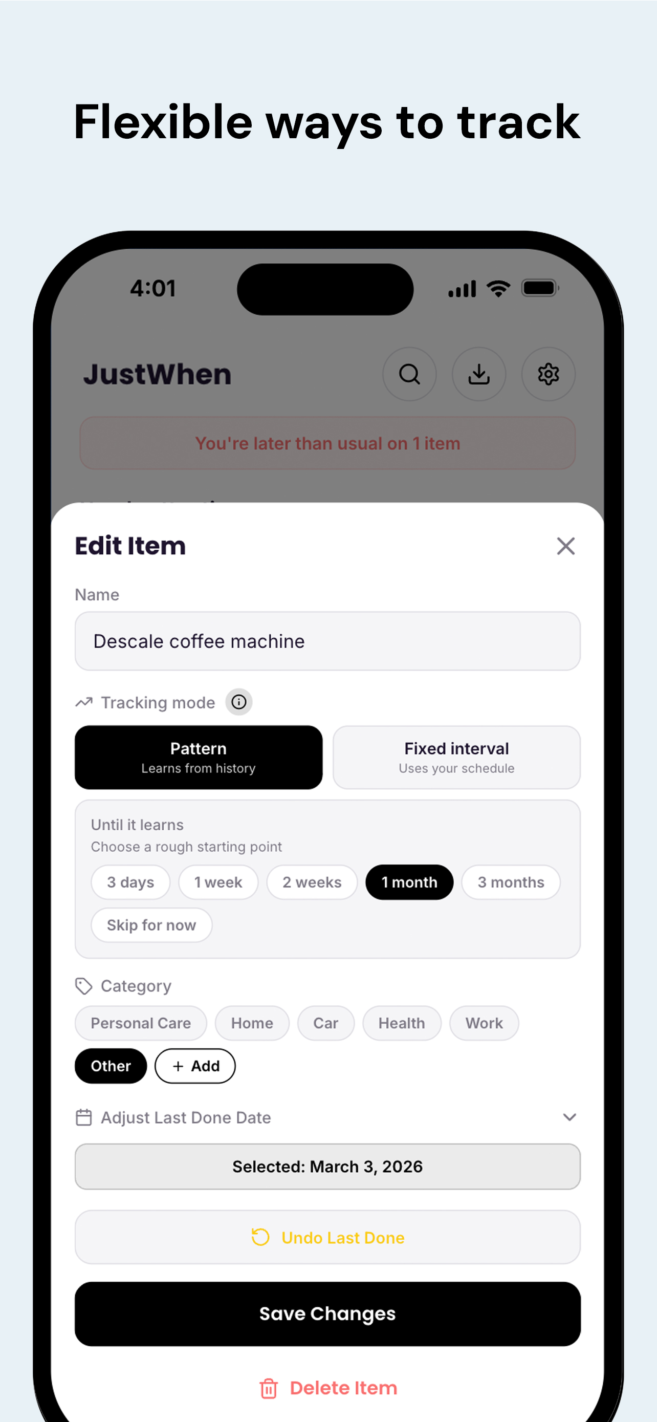 Edit item — flexible tracking
